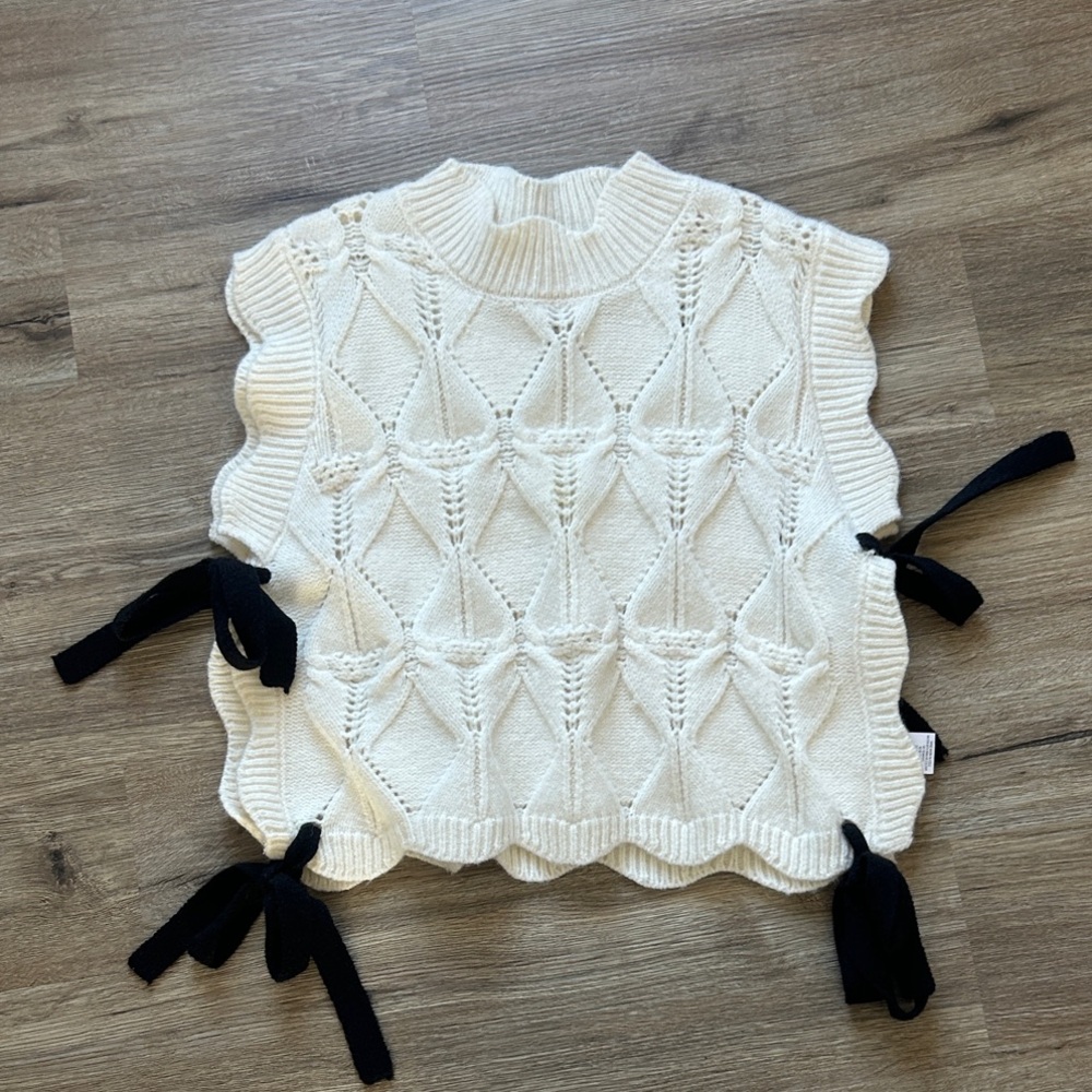 Women’s Cream Knit Sleeveless Sweater Vest with Black Ties
